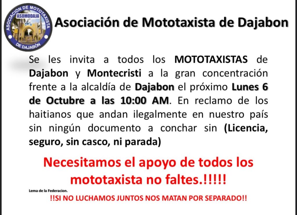 Mototaxistas de Dajabón convocan concentración en apoyo a medidas contra motociclistas haitianos