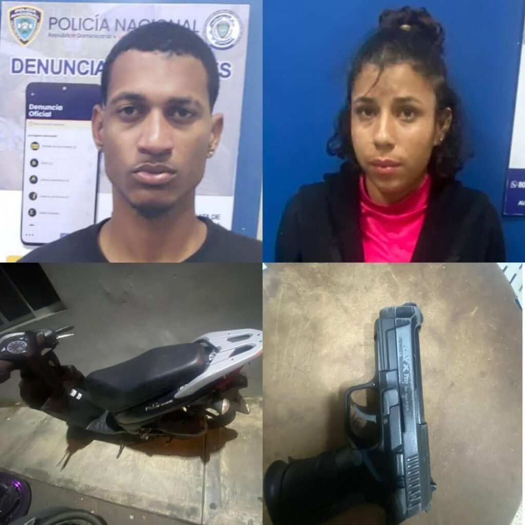PN detiene un hombre y una mujer después de cometer presunto atraco en banca de apuesta y sustraer una pasola; se les ocupó un arma de fogueo
