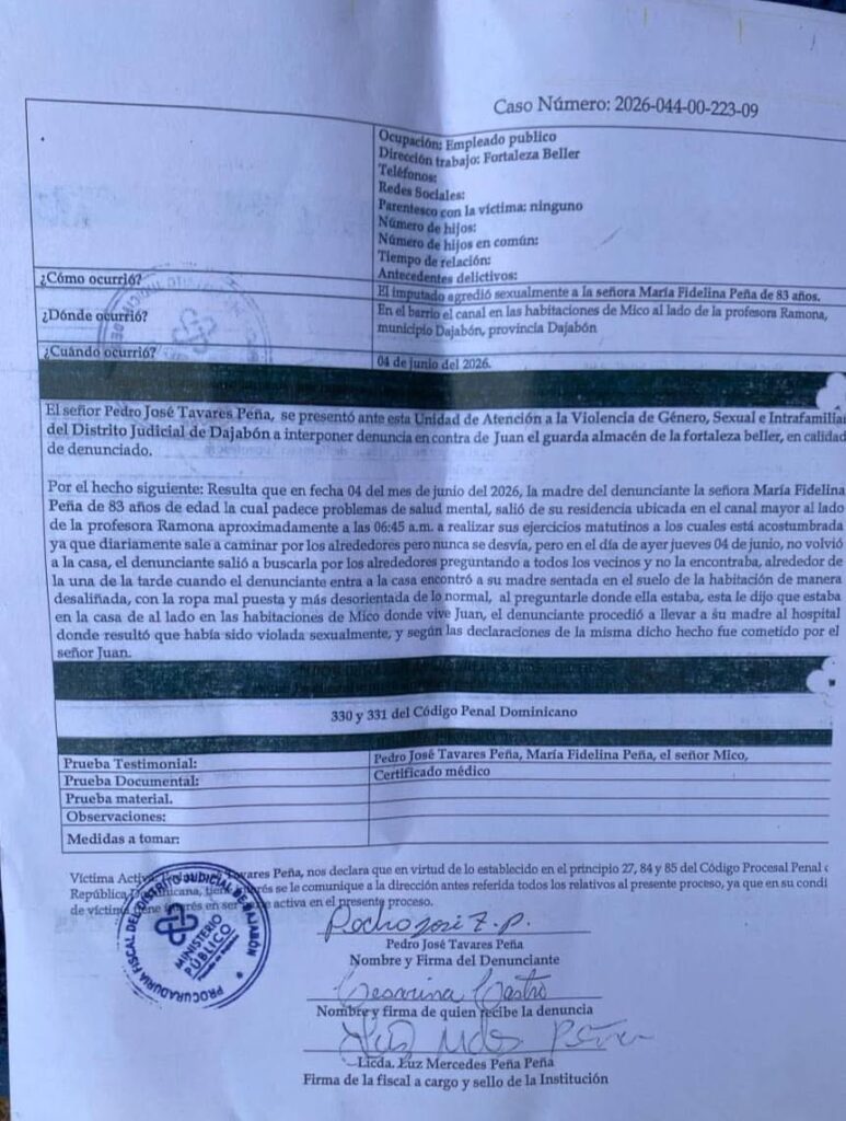 Hijo de señora de casi 84 años presenta denuncia ante la Fiscalía por presunta agresión sexual